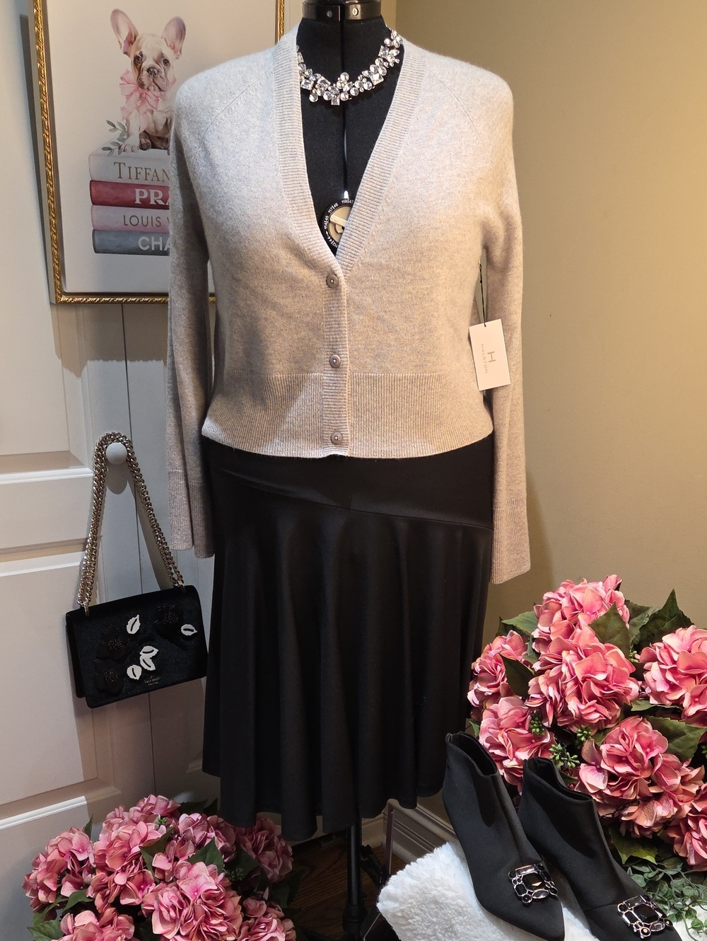 Nwt XL $190 Cashmere H by Halston Light Gray V-Neck Cashmere Blend Cardigan